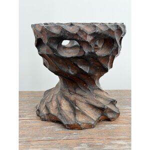 Mid Century Modern Burl Wood Hand Carved Candle Holder Brutalist Folk art 70's